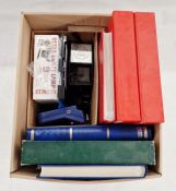 Three empty stamp albums (two boxed ‘Senator’ and one boxed ‘Simplex’), two stock books, cover album