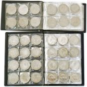 Folders of coins (five) comprising of silver (pre 47) half coins (34) nickel (five), florins (pre