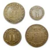 James II Maundy coins (four), 4p 1687/6, grade good F/VF with clear over date, 3d 1687 good fine, 2d