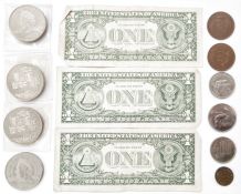 Box of mixed World coins including four nickel £5 coins, three US paper dollars, partly completed