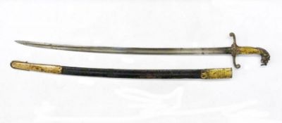 19th century presentation Mameluke sword, with lion's head pommel, brass hilt and fullered blade,