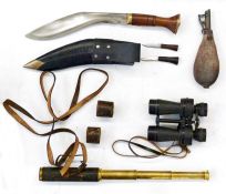 Three-draw telescope in leather case with powder flask, binoculars and Ghurka kukri knife