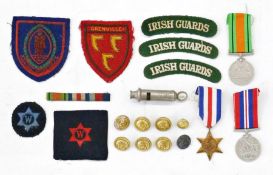 WWII War medal, Defence medal and France and German Star in Irish Guards box of issue, WWII Hudson