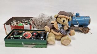 Vintage toys to include Tri-ang Express pull-along blue locomotive, GB teddy bears R. A. F bear,