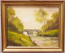 L. W. Mee  Oil on board River scene with fisherman on bank and bridge beyond and a vintage