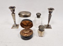 Pair 1930s silver mounted candlesticks (one broken), tapering on a square base, Birmingham 1939,