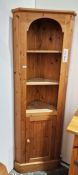 Pine floor-standing corner cupboard with open shelving above cupboard, 183cm high x 60cm wide
