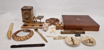 Assorted collectables to include a bone page turner, some bone bookmarks, a bisque doll head, an