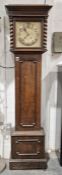 Edwardian oak grandfather clock with beaten copper dial, Arabic numerals, 186cm high