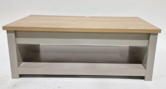 Modern wood-effect rectangular coffee table with grey base and lift up lid, 39cm high x 105cm long x