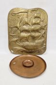 Large Newlyn hammered circular copper tray, with stamped mark, 43cm diameter, a large hammered brass