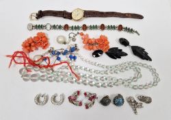Rotary 9ct gold quartz part wristwatch, coral coloured floral clip-on earrings, clear graduated