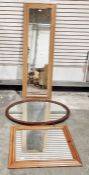 Modern pine rectangular wall mirror, 135cm x 43cm and two other mirrors (3)