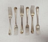 Matched set of six Georgian table forks, London, various dates and makers, all with engraved crest
