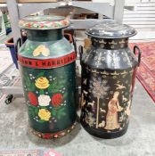 Two milk churns, barge ware, one green ground with painted yellow, red and pale pink roses and