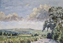 Morgan Hughes (20th century)  Oil on board Landscape with cows in field beside river, unsigned,