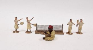 Circa 1920's/30's lead model tennis players and net and a lead model Middle Eastern figure seated