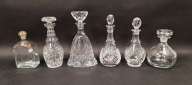 Royal Doulton bell shaped decanter, a clear glass decanter engraved 'Labor Omnia Vincit', and others