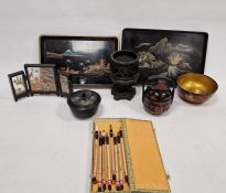 Assorted Chinese/Japanese painted lacquer ware to include trays, bowl, paintbrushes, small screen