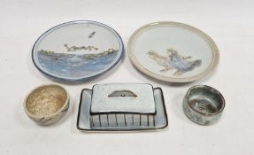 Highland stoneware plate decorated with chickens and another decorated with leaping frog, each