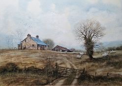 Rex Trayhorne  Watercolour Country landscape with farm buildings and sheep in a field, signed