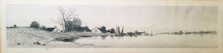 After E J Field  Etching  River scene, 10cm x 46cm  After Louis De Surugue (1686-1762)  Coloured