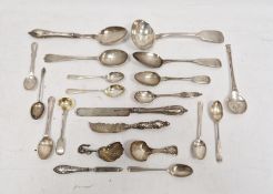 Assorted 19th century silver spoons, knives, etc, various dates and makers, 13ozt approx.