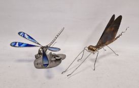 Two recycled metal models, one of a dragonfly and the other a sedgefly, marked 'SAB' for Steve