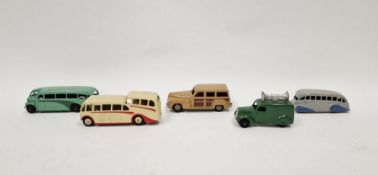 Five Dinky playworn diecast model cars to include 29B Streamlined Bus - grey body, blue flashes, 34C