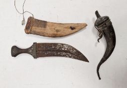 19th century ottoman/Indian horn powder flask with metal collar and lid, 4cm long (damaged) and a