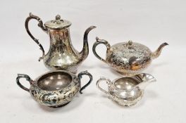 Four piece silver-plated tea set with acorn finial, foliate engraved decoration, marked to base 'G.