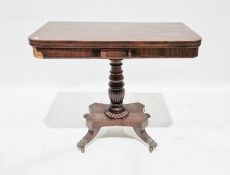 19th century mahogany fold-over top card table, square with round corners, having panel to frieze,