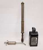 Vintage garden sprayer, another and a paraffin  carriage lantern (3)