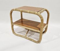 Mid to late 20th century wicker and stained wood two-tier occasional table, 55cm high x 63cm wide