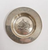 1960's silver circular dish with ship to centre, London 1969, maker C J Vander Ltd, 12cm diameter