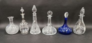 Thomas Webb cut glass decanter, 30.5cm high, a blue glass decanter with clear glass stopper and