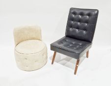 Mid-20th century black vinyl buttoned fireside chair, a cream marbled leather-effect tub chair