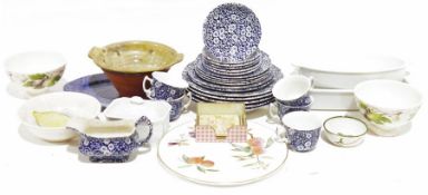 Vintage wooden and metal bound bushell bucket stamped 'GR', a quantity of Staffordshire 'Calico'