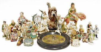 Pink/orange alabaster bowl with raw edge, a quantity of figurines, a brass fireside companion set