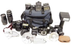 Quantity of vintage cameras and lenses to include examples by Sigma, Tamron, Kodak Brownie 127,