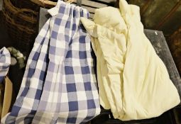 Two pairs of yellow-coloured lined curtains and a pair of blue and white check curtains