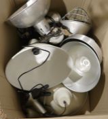 Quantity of industrial-style ceiling lights and work/desk lights with clamps, some enamelled, some