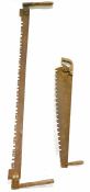 Vintage two man cross-cut saw, a further smaller cross-cut saw and a a car scissor jack (3)