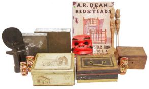 Small quantity of vintage metal tins, a wooden face mask, a carved African figure and assorted
