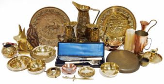Quantity of brass, copper and pewter ware to include jugs, plates, kettles, etc. (2 boxes)