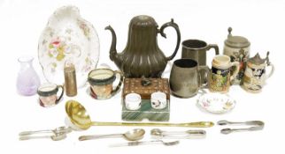 Small Caithness glass vase in purple colourway, a Royal Doulton character jug, a pewter teapot and