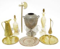 Philip Ashbury & Sons metal samovar, a pair of alabaster table lamps and assorted brass and copper