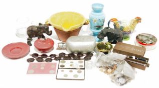 Vintage blue milk glass vase with hand-painted floral decoration, a teapot in the form of a rooster,