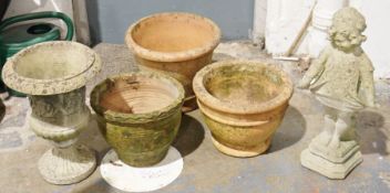 Composite stone urn on pedestal base, a composite stone model of a young girl and three terracotta