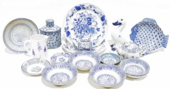 Quantity of blue and white china to include plates, bowls, vases, a duck and further chinaware (3